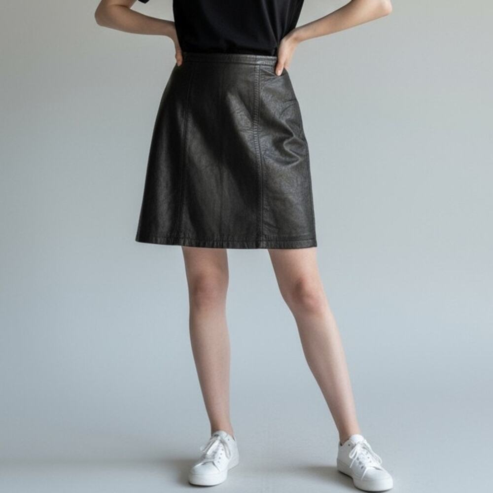 Vintage G3 Women's Junior Sz 5 6 Genuine Leather Mini Skirt Front Zip Black